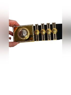 Gianni Versace Black Leather Medusa Belt Gold Medallion Buckle EU 34
